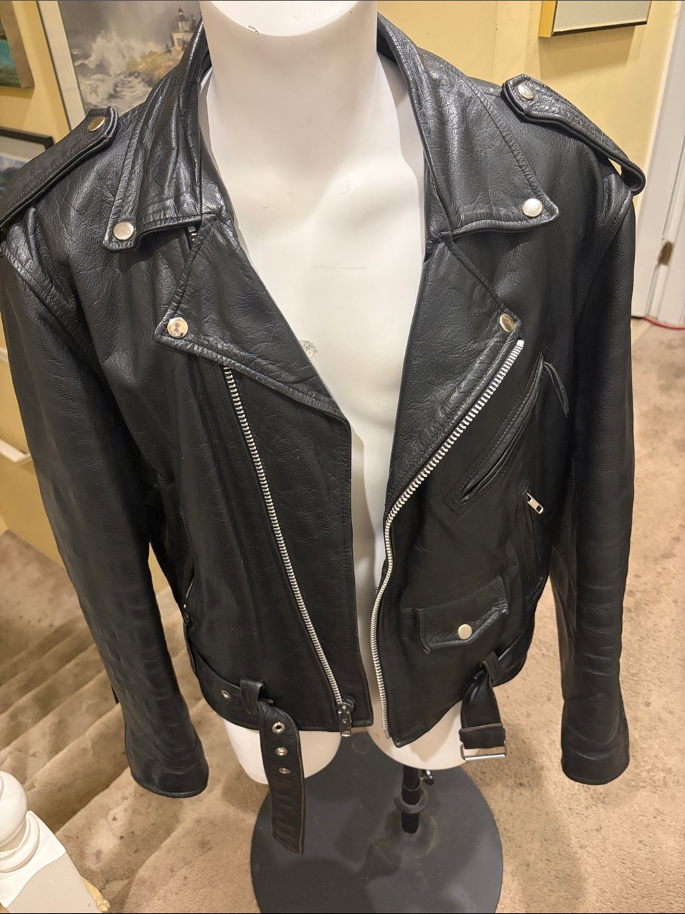 Classic Black Leather Moto Jacket - Mens